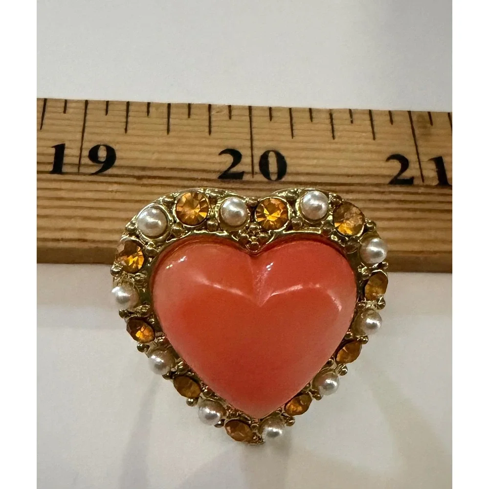 Gold Tone Coral Pink Resin Heart Statement Ring  Adjustable Cocktail Rhinestones